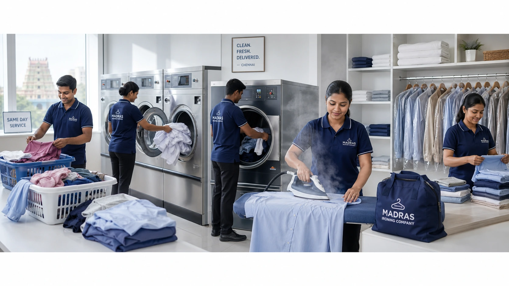Laundry washing, tumble drying and ironing process in Chennai