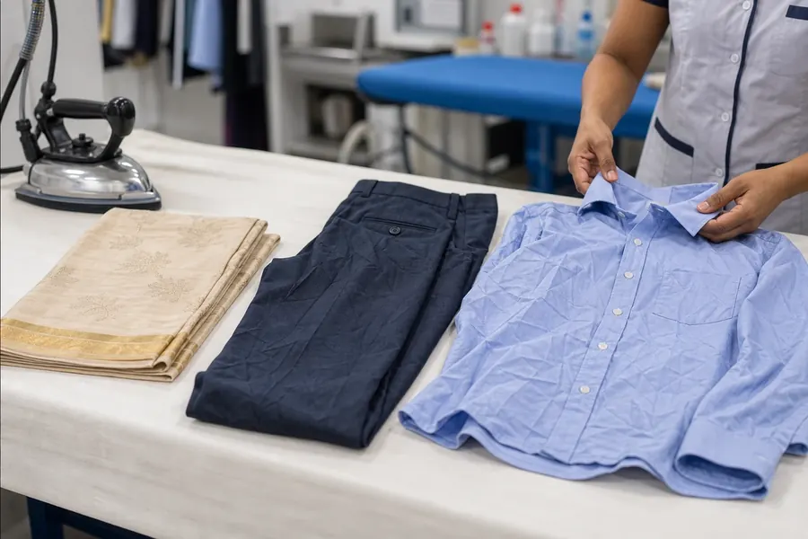 Wrinkled clothes before steam ironing at Madras Ironing Company in Chennai