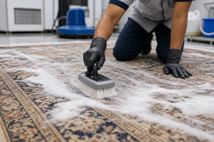 Carpet washing and scrubbing process at Madras Ironing Company Chennai