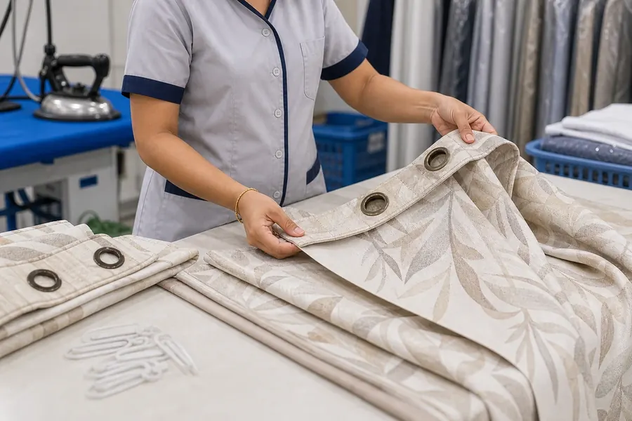Curtains inspected before laundry service at Madras Ironing Company Chennai