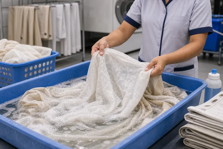 Curtain laundry cleaning process at Madras Ironing Company Chennai