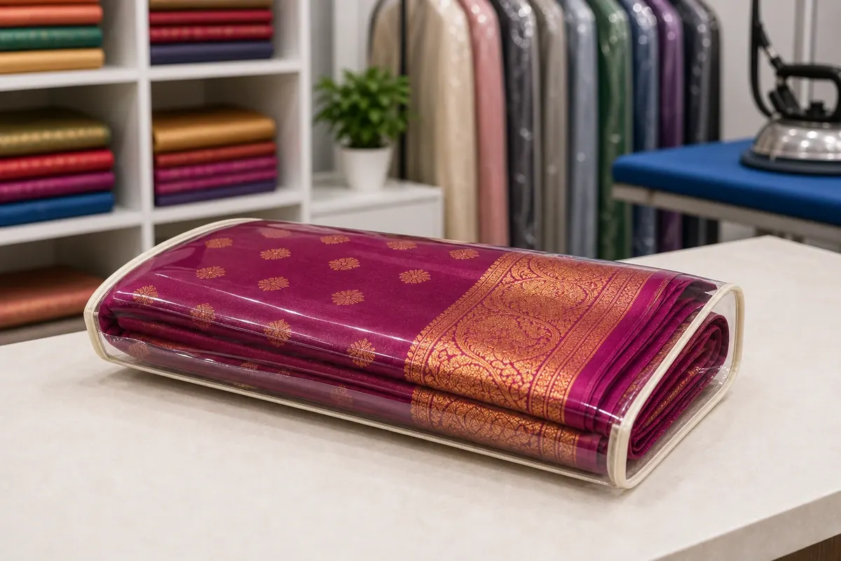 Finished saree after roll polishing at Madras Ironing Company Chennai