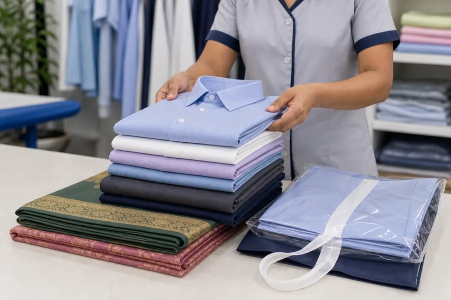 Finished steam ironed clothes folded and ready for pickup in Chennai