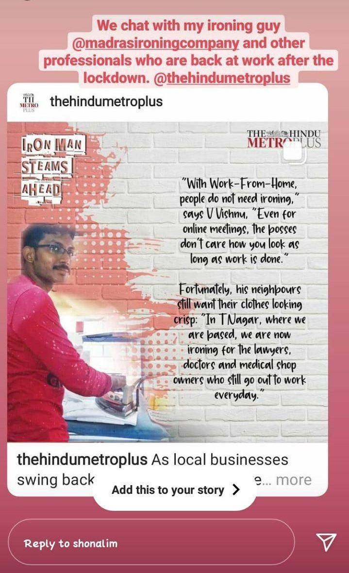 The Hindu MetroPlus mention of Madras Ironing Company during post lockdown business recovery