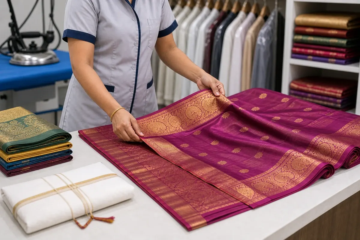 Saree checked before roll polishing at Madras Ironing Company Chennai