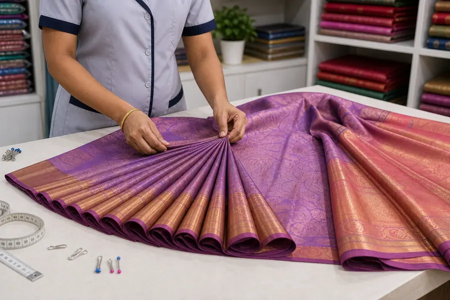 Saree pleating process with neat folds at Madras Ironing Company