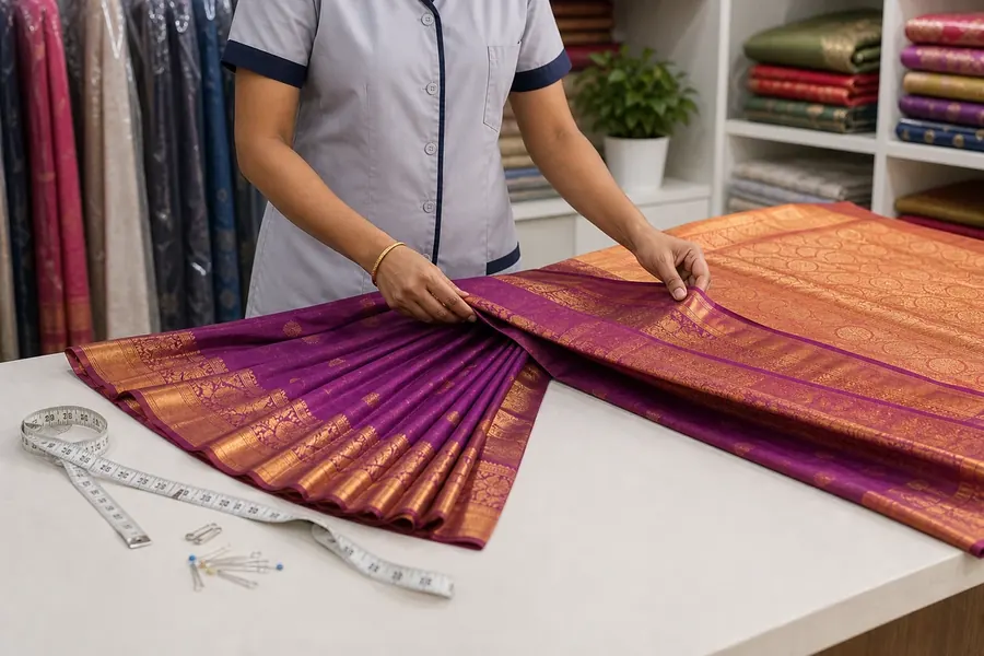 Saree prepared for pre-pleating service at Madras Ironing Company Chennai