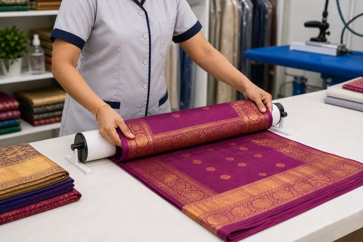 Saree roll polishing process at Madras Ironing Company Chennai