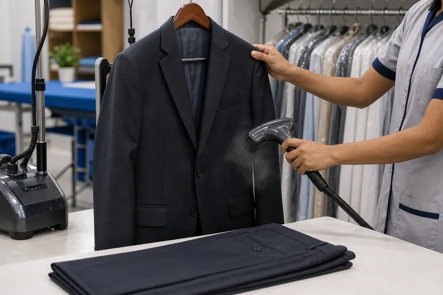 Suit dry cleaning process at Madras Ironing Company Chennai