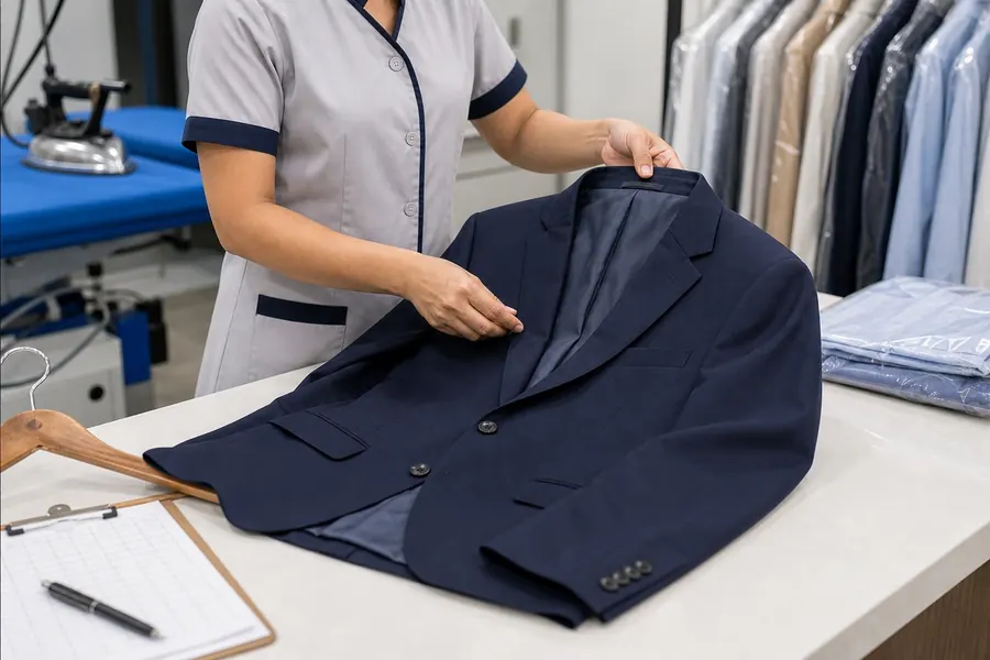 Suit inspected before cleaning at Madras Ironing Company Chennai